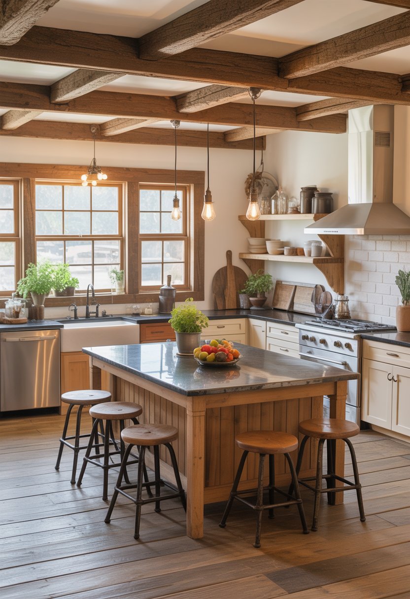 A spacious kitchen with a large wooden island, stools, cabinets, exposed beams, stainless steel appliances, and natural light coming through a window.