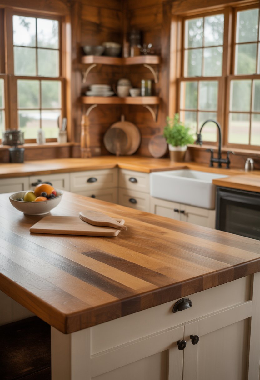 A kitchen interior with warm wooden butcher block countertops, white cabinets, a farmhouse sink, and natural light coming through windows.