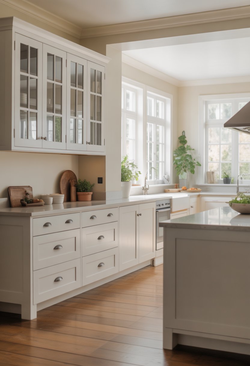 A bright kitchen with white shaker cabinets, a large island, wooden floors, and natural light coming through windows.