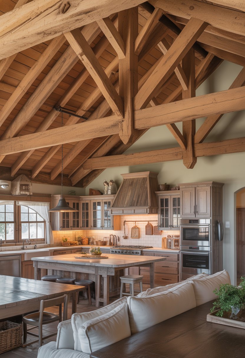Spacious kitchen interior with exposed wooden ceiling beams, a large island, and warm natural lighting.
