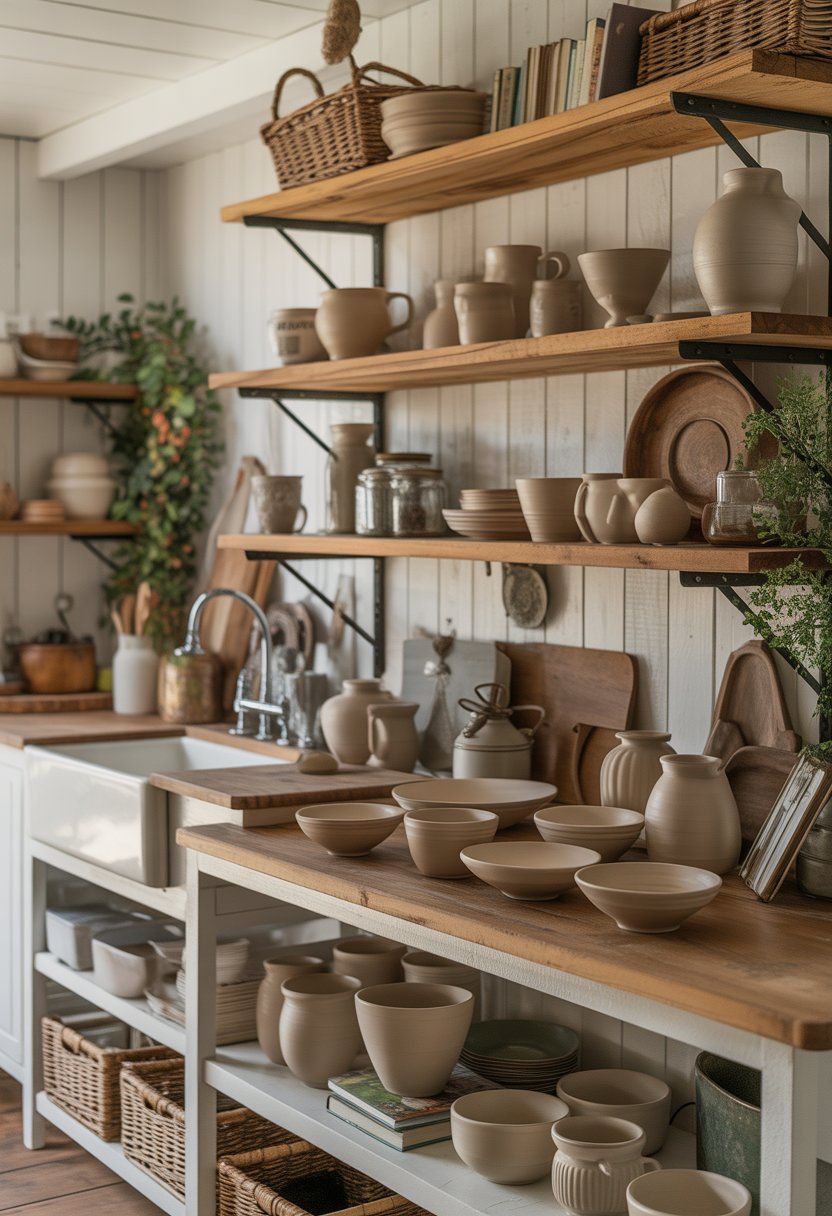 A kitchen interior with open wooden shelves displaying pottery and kitchen items, featuring a sink and wooden countertop.