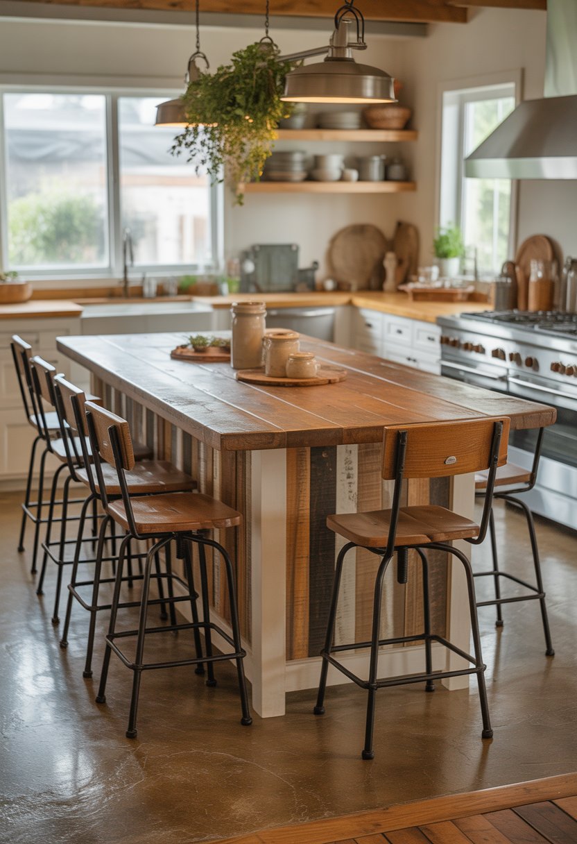 A spacious kitchen with a large wooden island surrounded by barstools, featuring cabinets, appliances, and natural light.