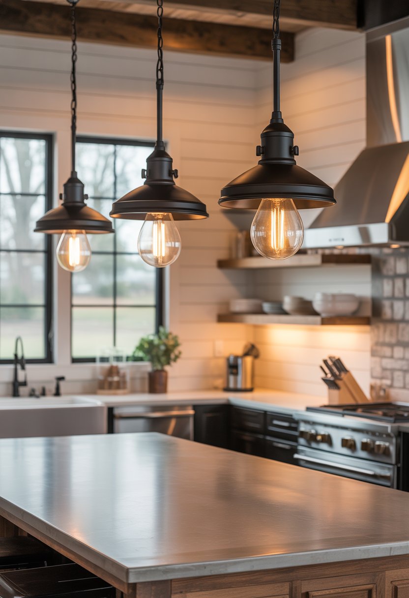 A kitchen interior with pendant lights hanging over a wooden island and modern appliances in the background.