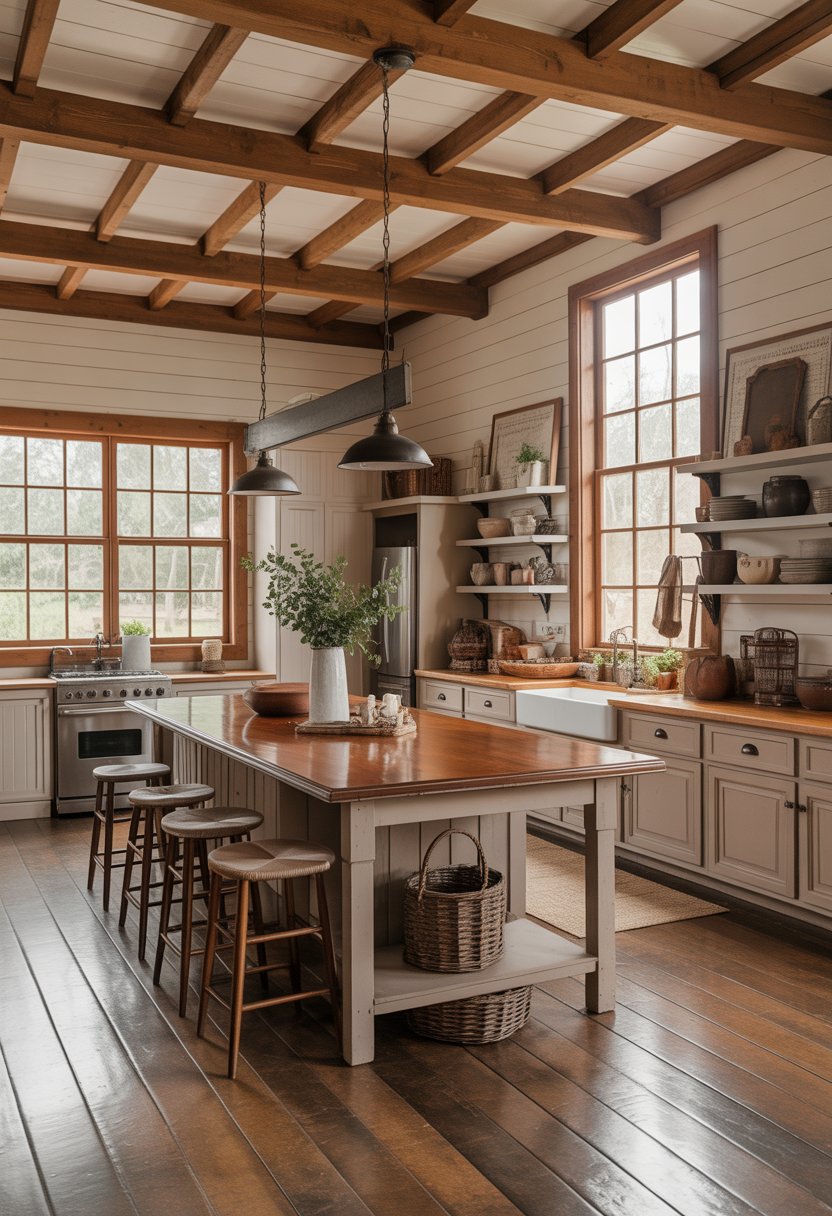 A bright kitchen with wooden beams, a large island with stools, white walls, cabinets, and stainless steel appliances.