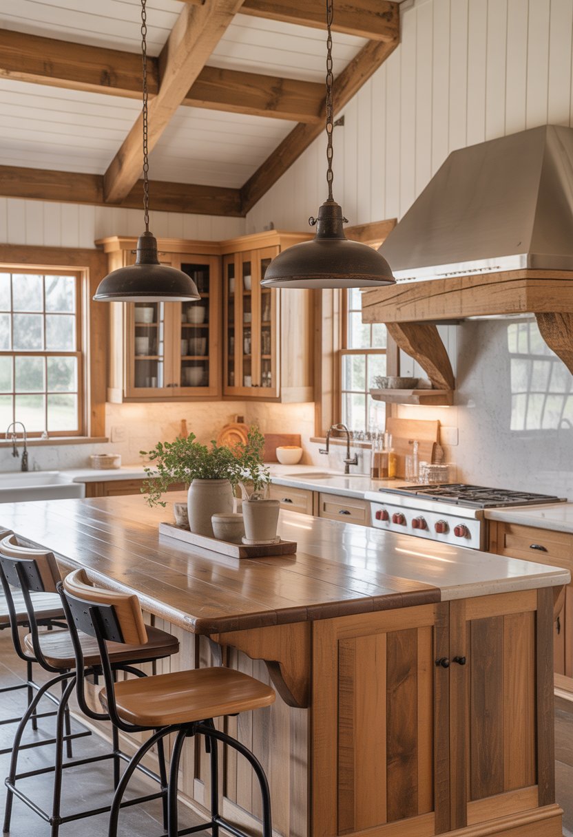 A bright kitchen with wooden beams, a large island, stainless steel appliances, and natural light coming through windows.