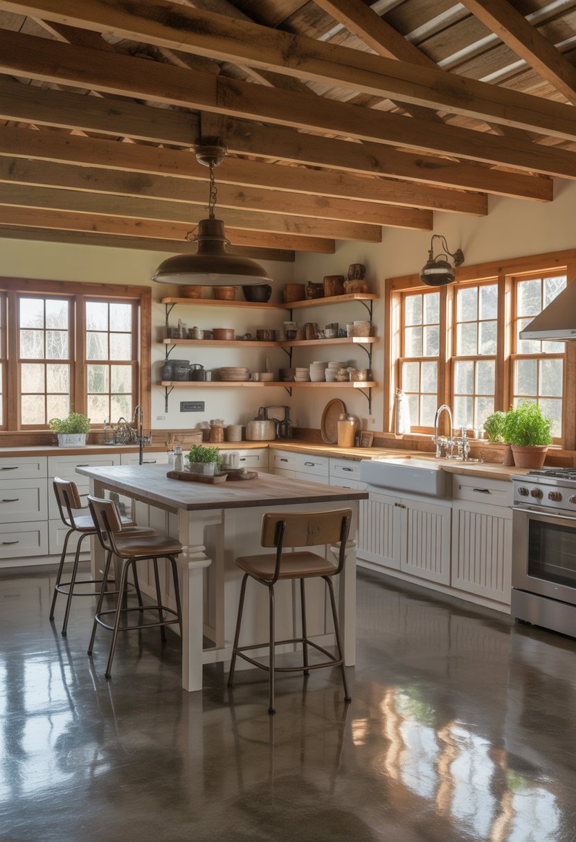 A spacious kitchen with a large wooden island, white cabinets, stainless steel appliances, and exposed wooden beams on the ceiling.