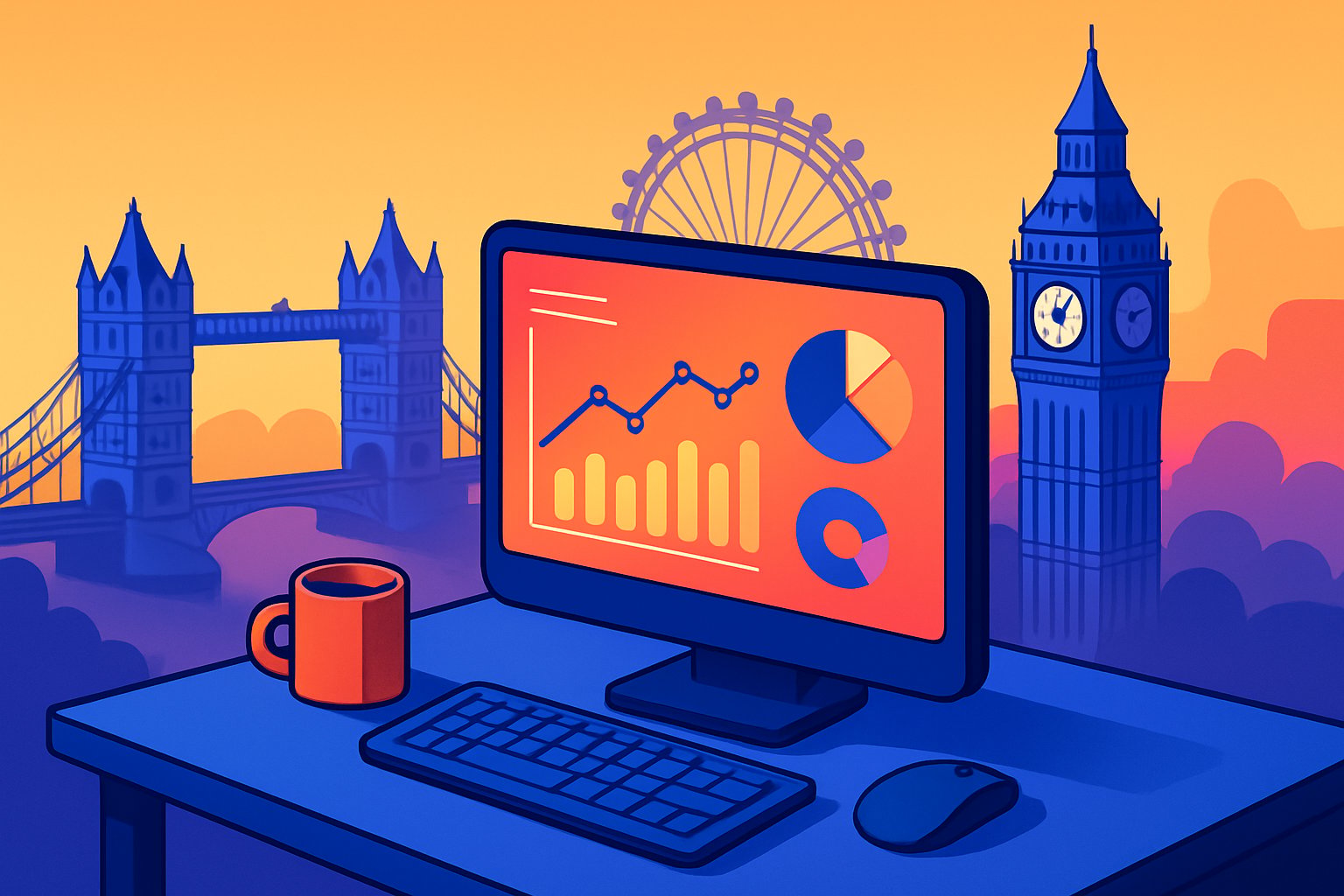Isometric illustration of a workspace with a computer showing data charts, surrounded by small icons of London landmarks like Tower Bridge and Big Ben.