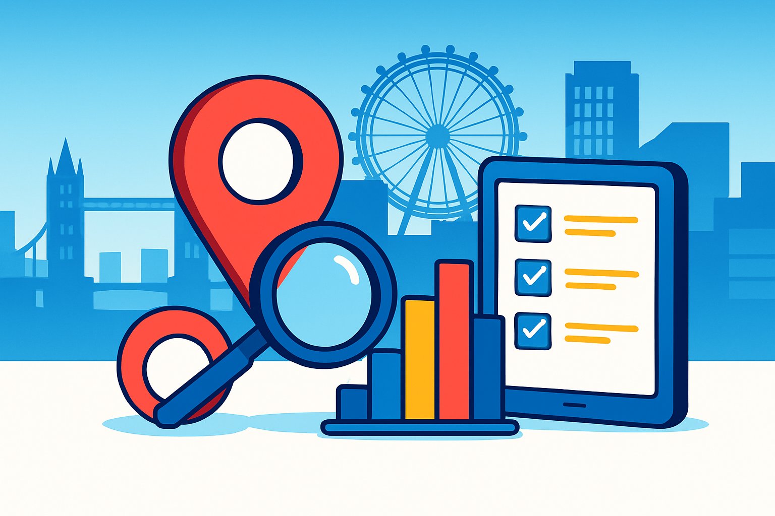 Isometric illustration of a London cityscape with landmarks and digital icons representing SEO analysis and local business growth.