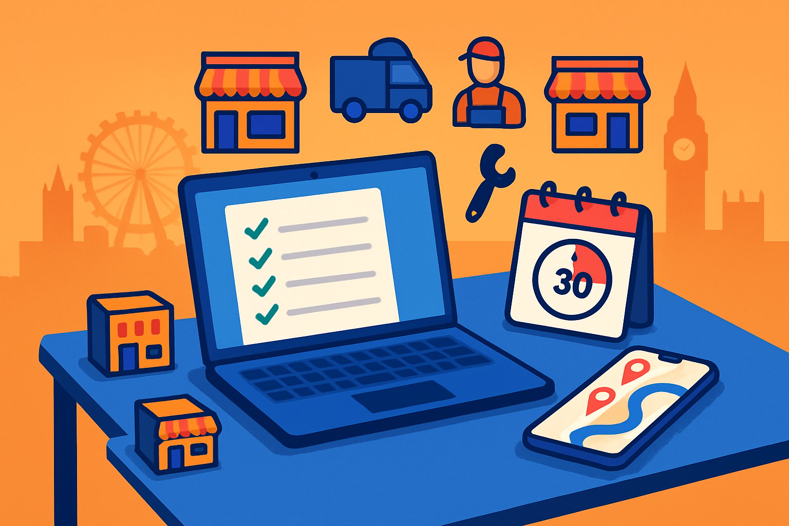 An isometric illustration of a desk with a laptop, smartphone showing location pins on a London map, a calendar with a clock, and icons representing retail locations, service areas, and the London skyline in the background.