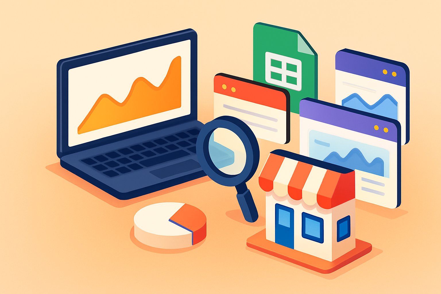 An isometric workspace scene showing icons for analytics, website audit tools, a storefront, and spreadsheets arranged neatly on a desk.