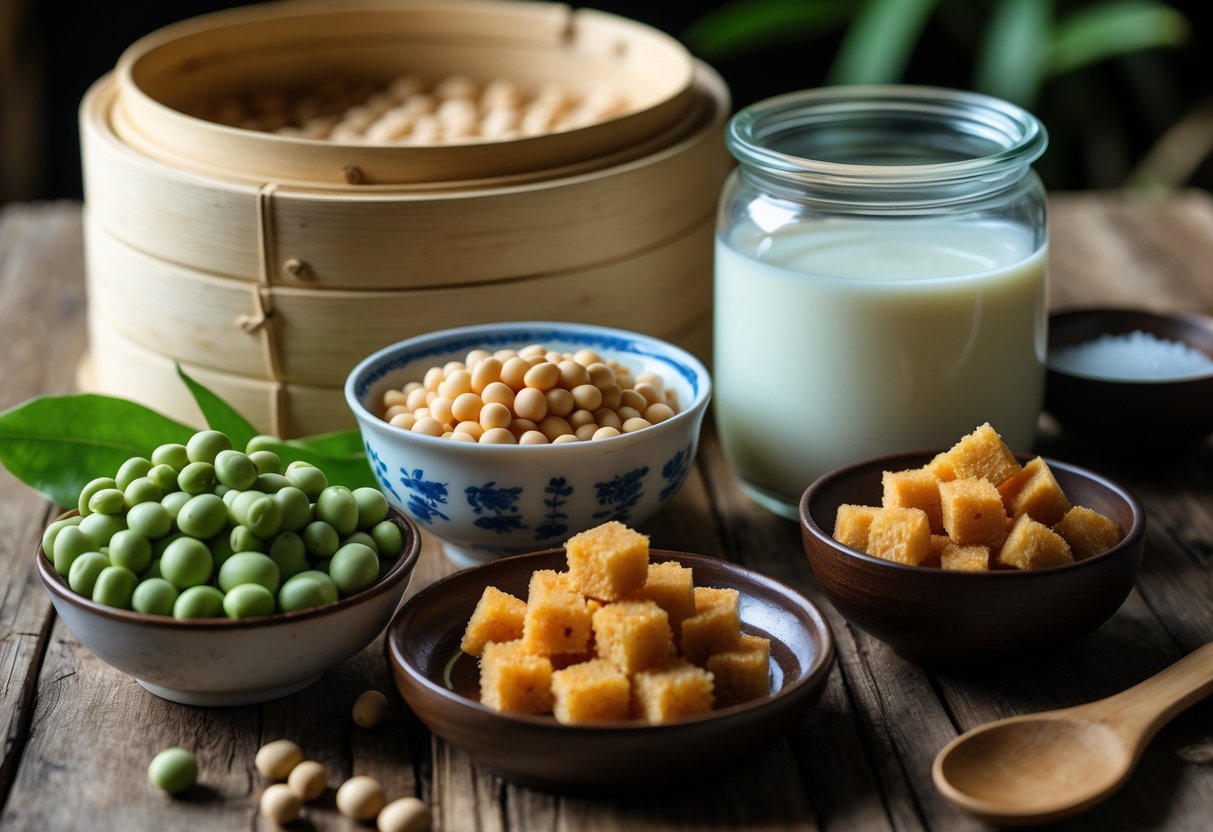 A wooden table displaying fresh soybeans, soy milk in a glass jar, palm sugar cubes, and water, with traditional kitchen utensils nearby.