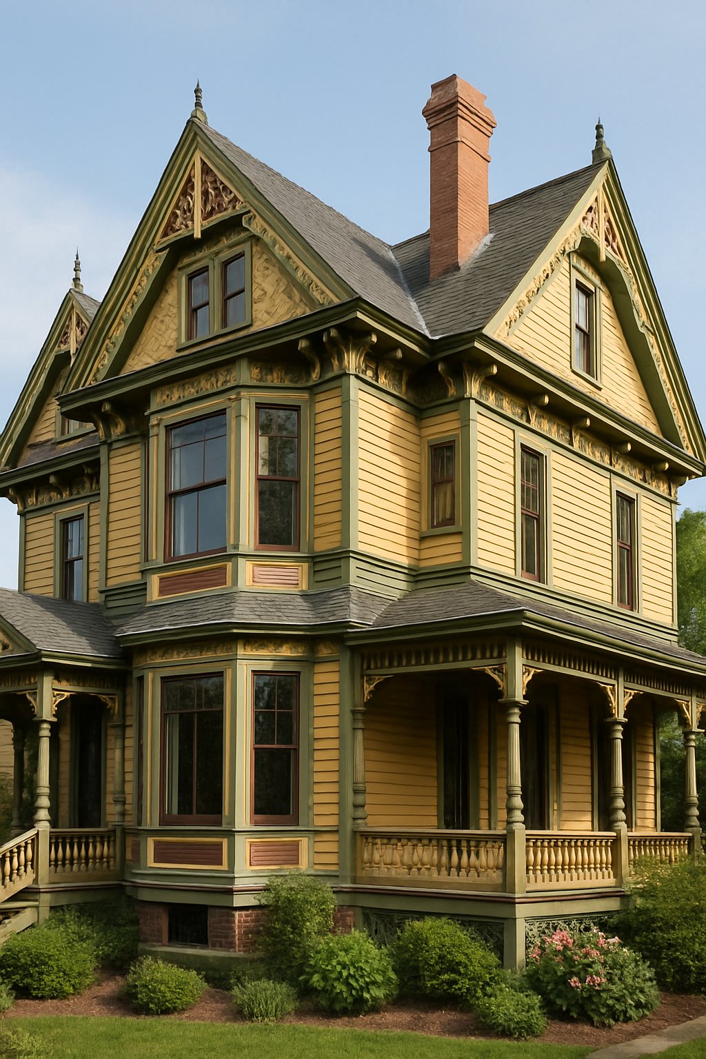 Victorian House Plans For Timeless Architecture And Modern Living 1 A detailed exterior view of a large, ornate house surrounded by greenery and flowers under a clear sky.