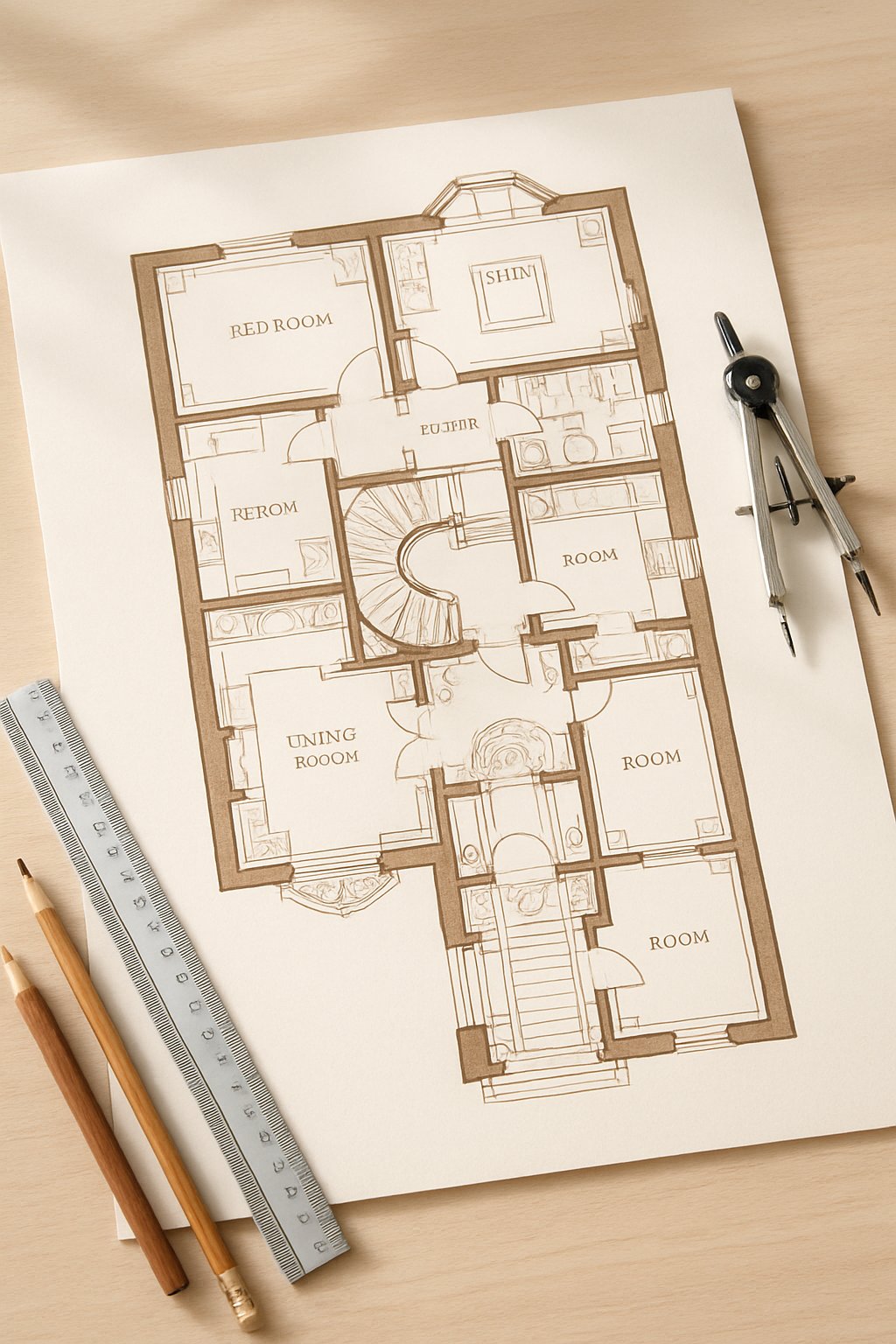 Victorian House Plans For Timeless Architecture And Modern Living 2 Top-down view of detailed house floor plans laid out on a wooden table with drafting tools nearby.