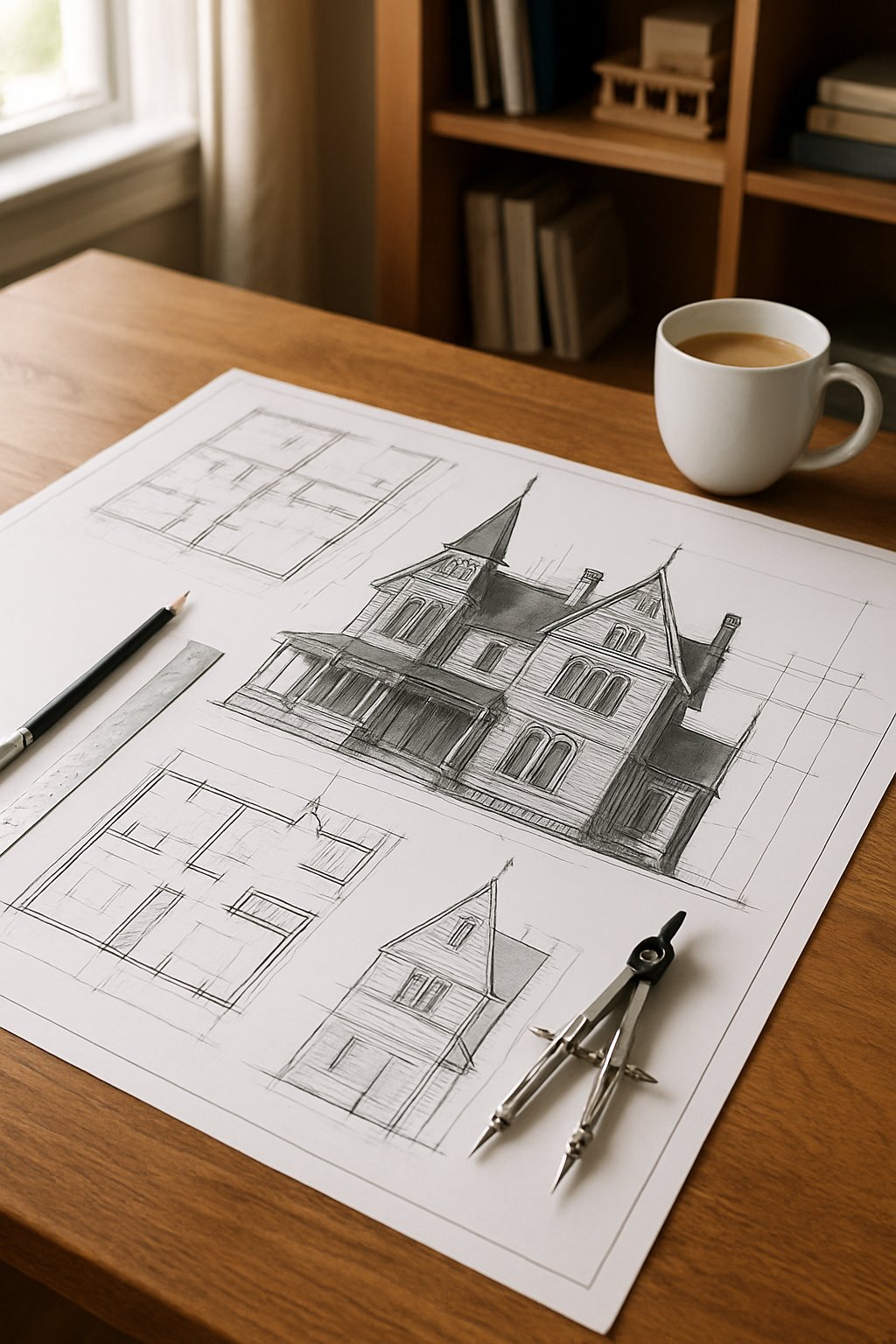 Victorian House Plans For Timeless Architecture And Modern Living 3 A detailed architectural blueprint of a house on a wooden table with drawing tools and a cup of coffee nearby.