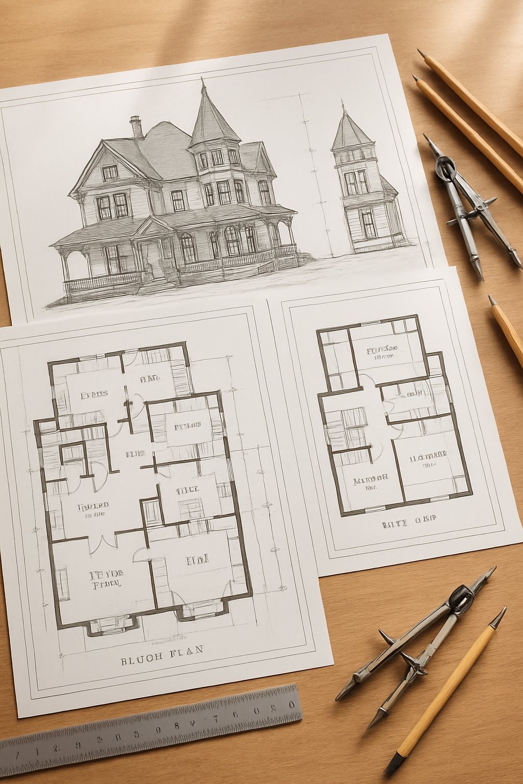 Victorian House Plans For Timeless Architecture And Modern Living 4 Detailed architectural blueprints and floor plans for a large house spread out on a wooden table with drafting tools nearby.