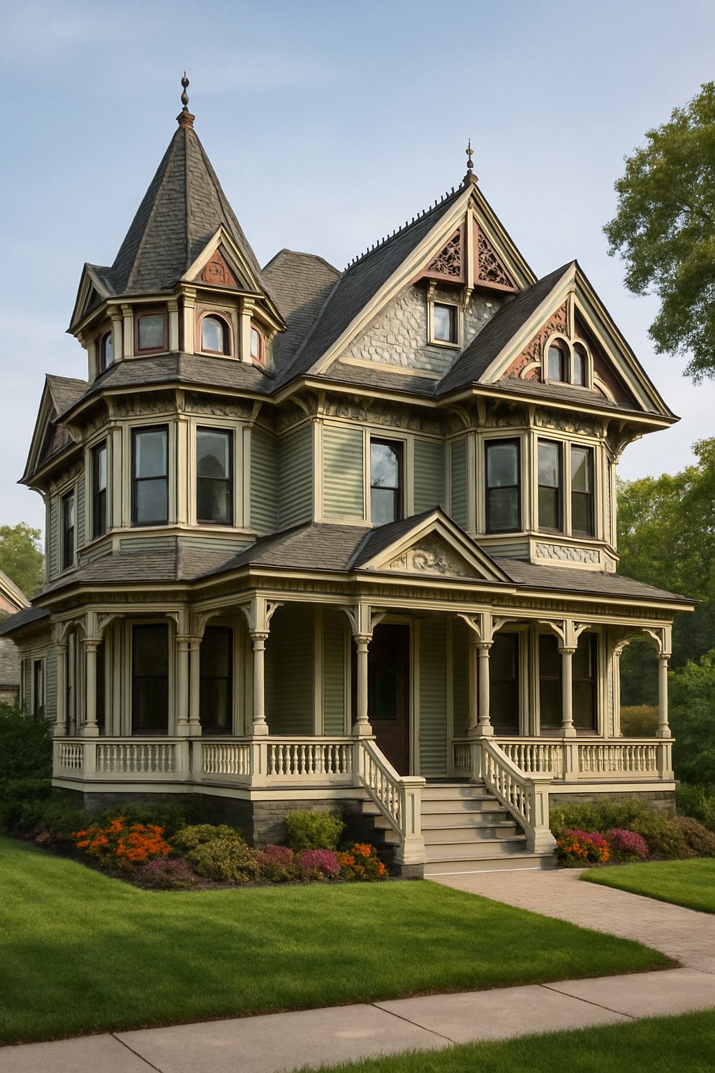 Victorian House Plans For Timeless Architecture And Modern Living 5 A detailed view of a large, ornate house with a porch and decorative windows surrounded by a green yard under a clear sky.