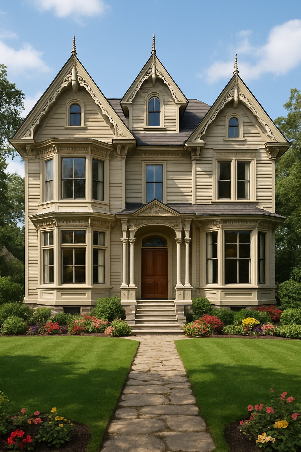 Victorian House Plans For Timeless Architecture And Modern Living 7 A large, ornate house with multiple windows, a well-kept front yard, and a stone pathway leading to the front door.