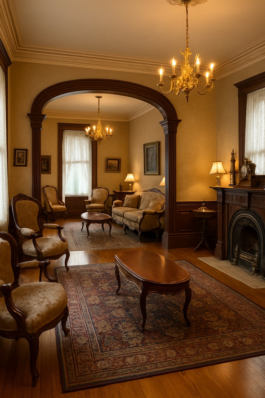 Victorian House Plans For Timeless Architecture And Modern Living 8 Interior of a house showing two separate living rooms with comfortable seating, a fireplace, and large windows letting in natural light.