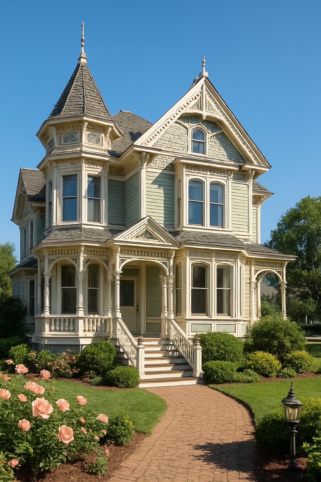 Victorian House Plans For Timeless Architecture And Modern Living 9 A well-maintained historic house with detailed woodwork, a garden, and a pathway leading to the front porch under a clear sky.
