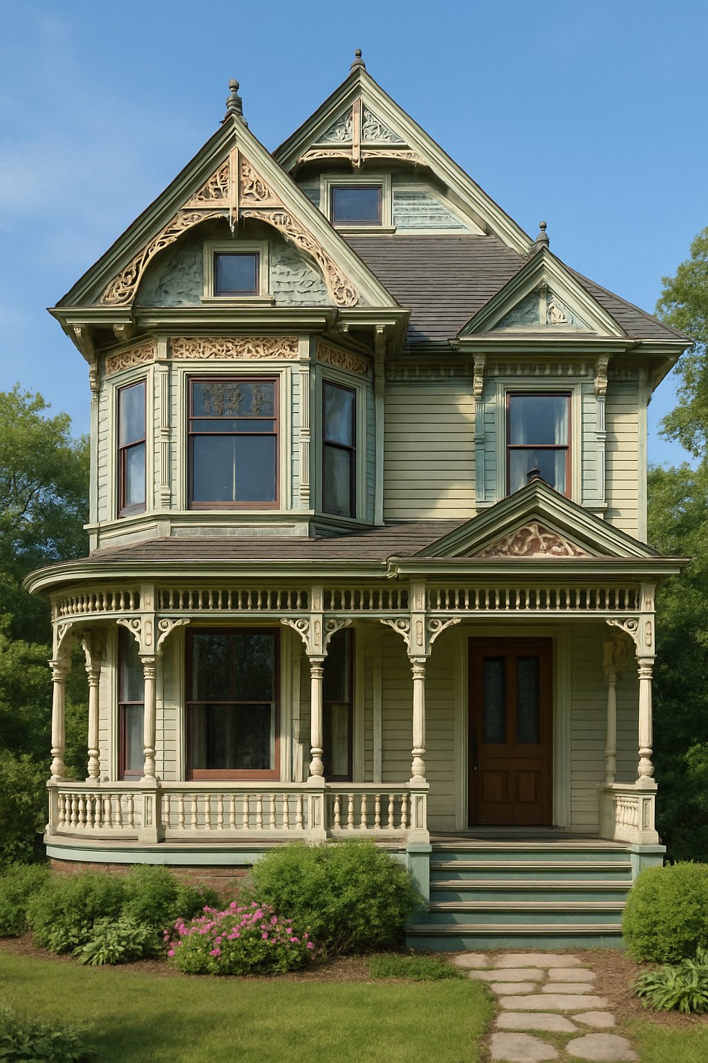 Victorian House Plans For Timeless Architecture And Modern Living 10 A detailed view of a large, ornate house with a porch, multiple windows, and a well-kept garden in front.