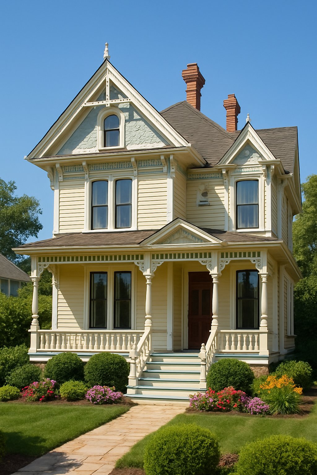 Victorian House Plans For Timeless Architecture And Modern Living 11 A bright sunny day view of a charming house with a front porch, decorative woodwork, and a landscaped front yard.