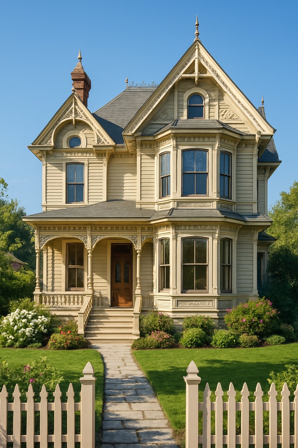 Victorian House Plans For Timeless Architecture And Modern Living 12 A Victorian house with ornate trim, gabled roofs, bay windows, and a front porch surrounded by green plants and a white picket fence on a sunny day.