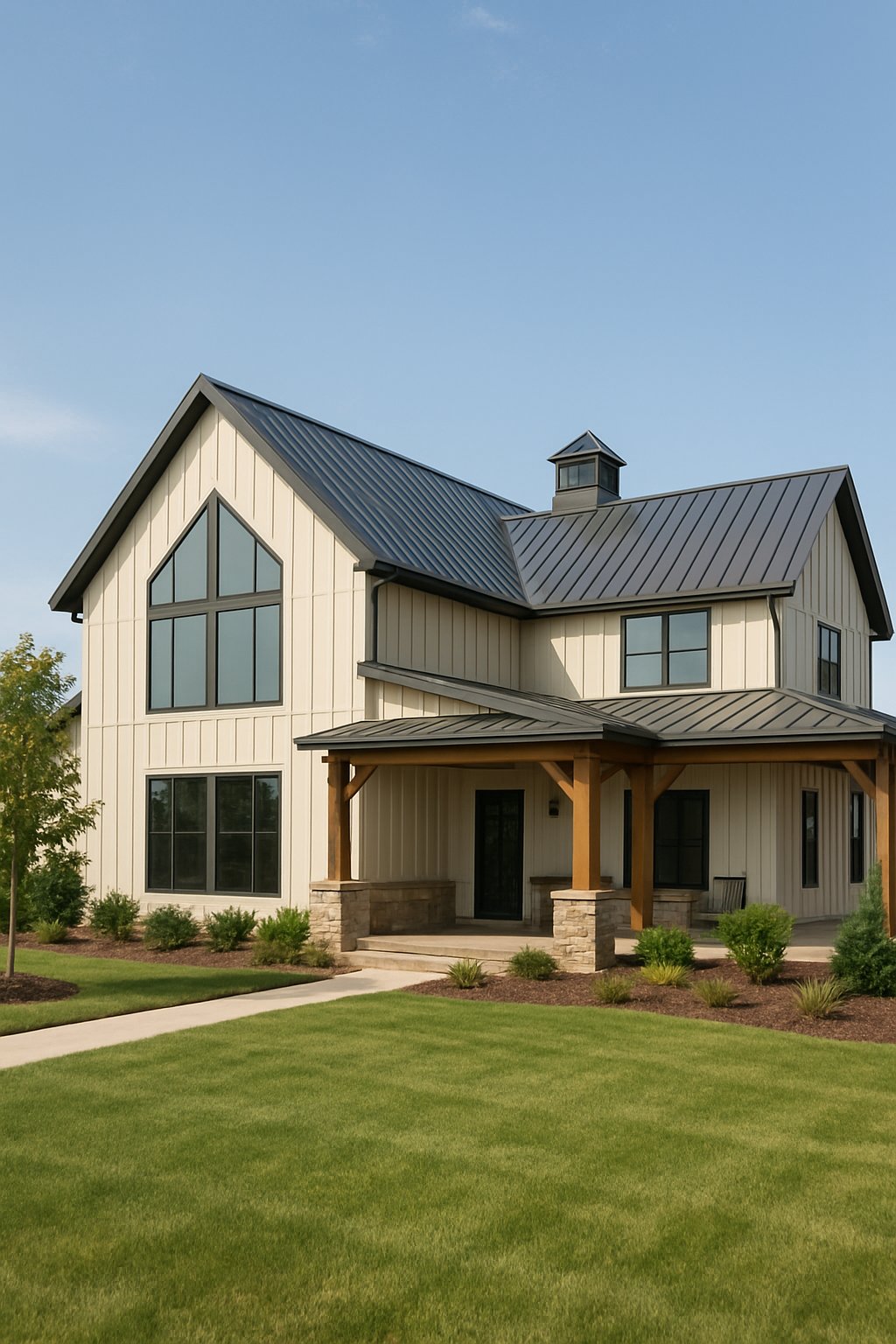 A large 5-bedroom barndominium house with metal roof and front porch surrounded by green lawn and trees on a sunny day.