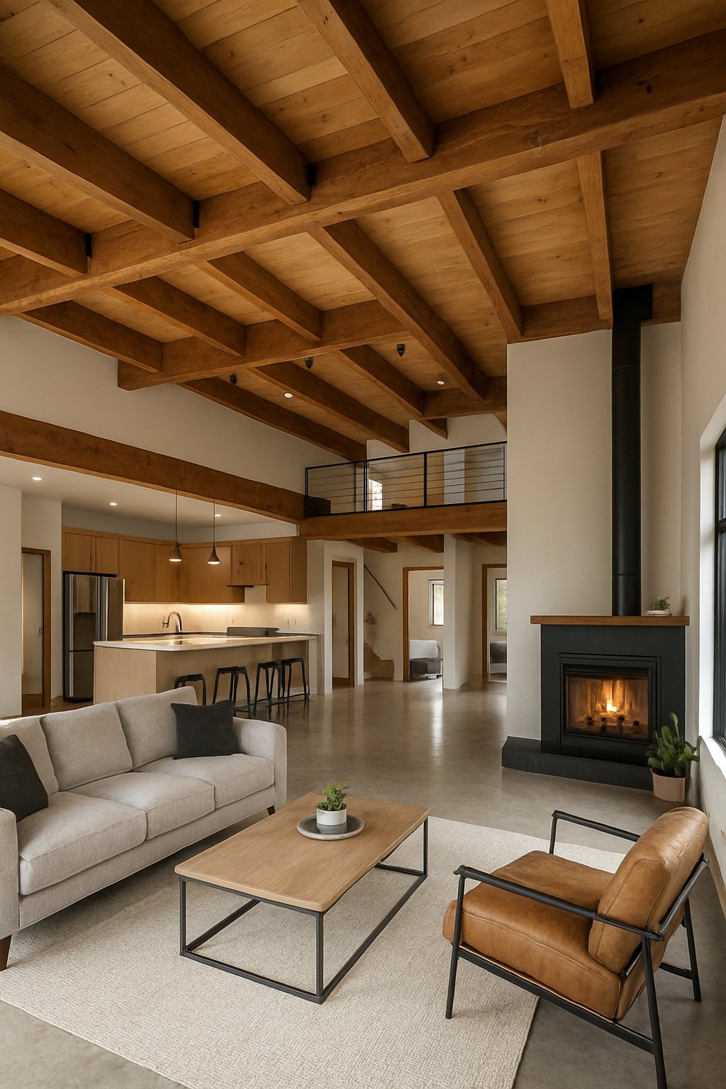 Interior view of a spacious open floor plan showing a living area connected to a kitchen and dining space with exposed wooden beams and large windows.