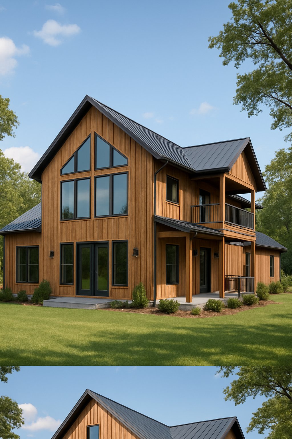 A two-story house with wooden siding and large windows surrounded by grass and trees under a clear blue sky.