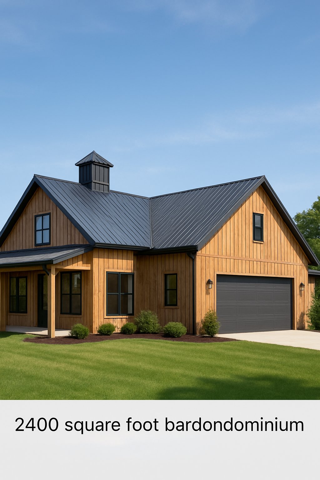 A large single-story barndominium with an attached garage surrounded by a green lawn under a clear sky.
