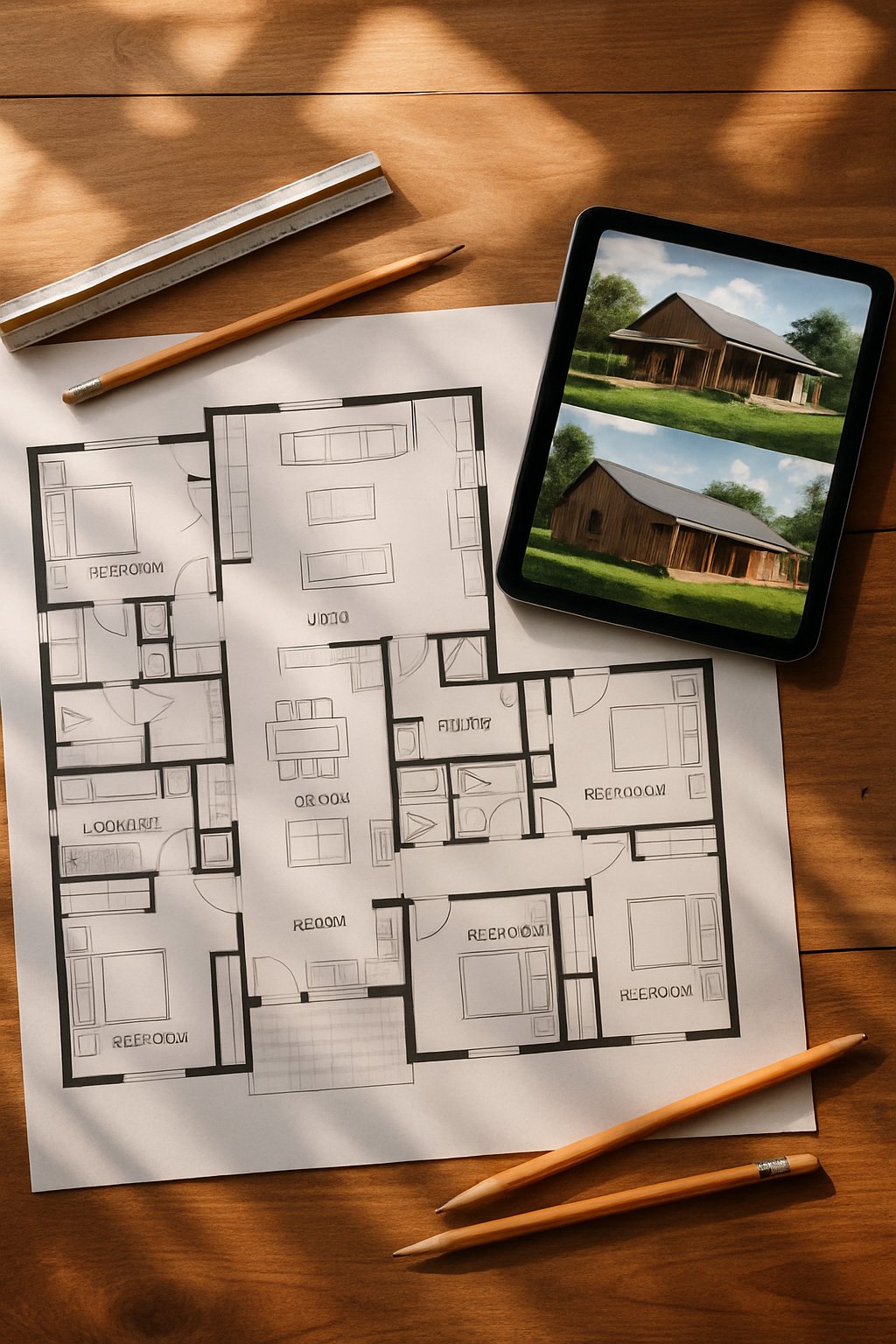 Overhead view of a detailed floor plan layout of a large house with five bedrooms on a wooden table, surrounded by architectural tools.