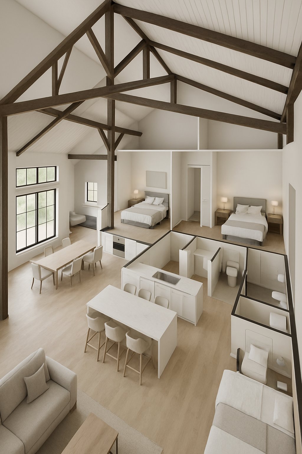 A detailed 3D rendering of a spacious five-bedroom barn-style house interior with large windows, open living spaces, and simple furniture.