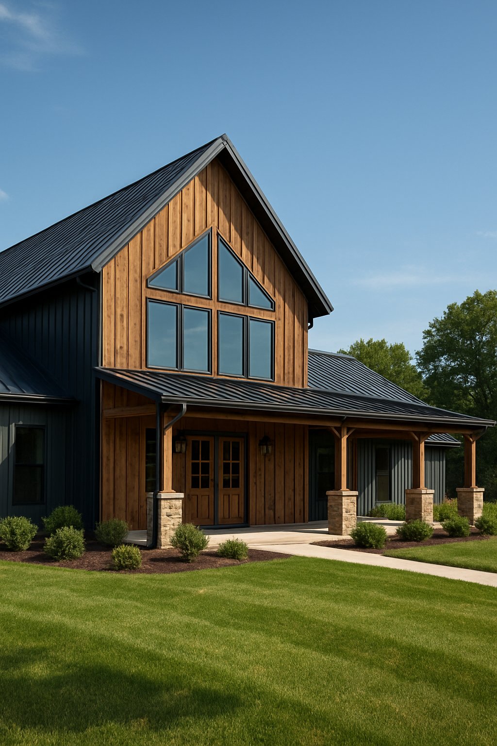 A large barndominium house with wood and metal siding, surrounded by green lawn and trees under a clear sky.