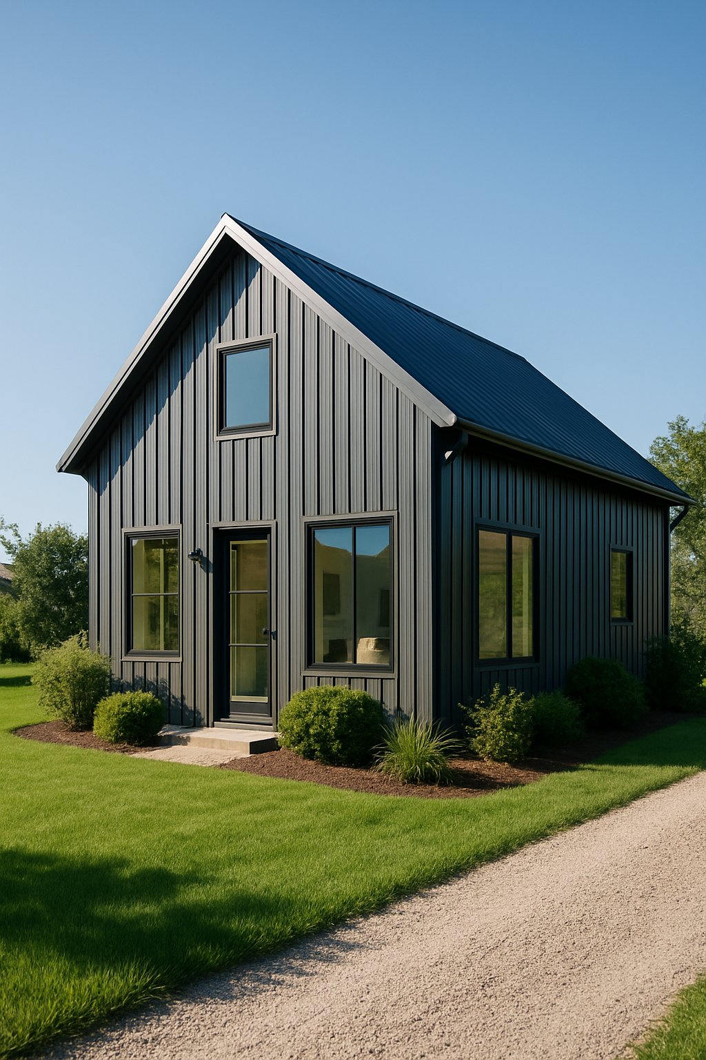 A small modern two-bedroom barndominium house with metal siding and large windows surrounded by green grass and natural landscaping under a clear blue sky.