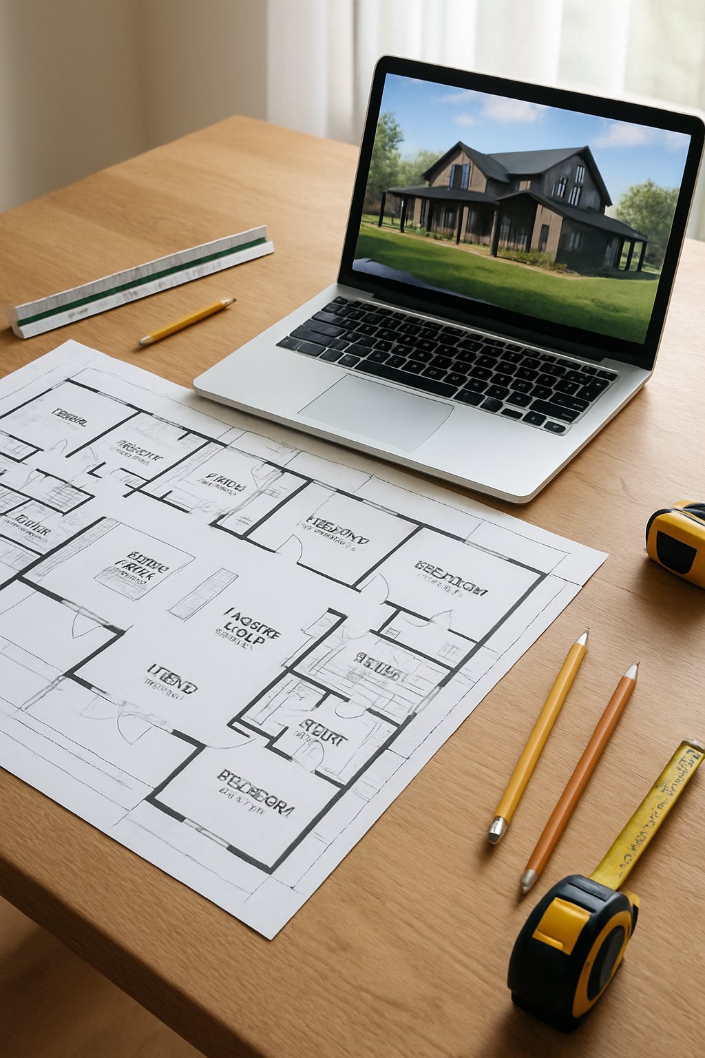 A detailed architectural floor plan of a 5-bedroom barndominium displayed on a table with a laptop and drawing tools around it.