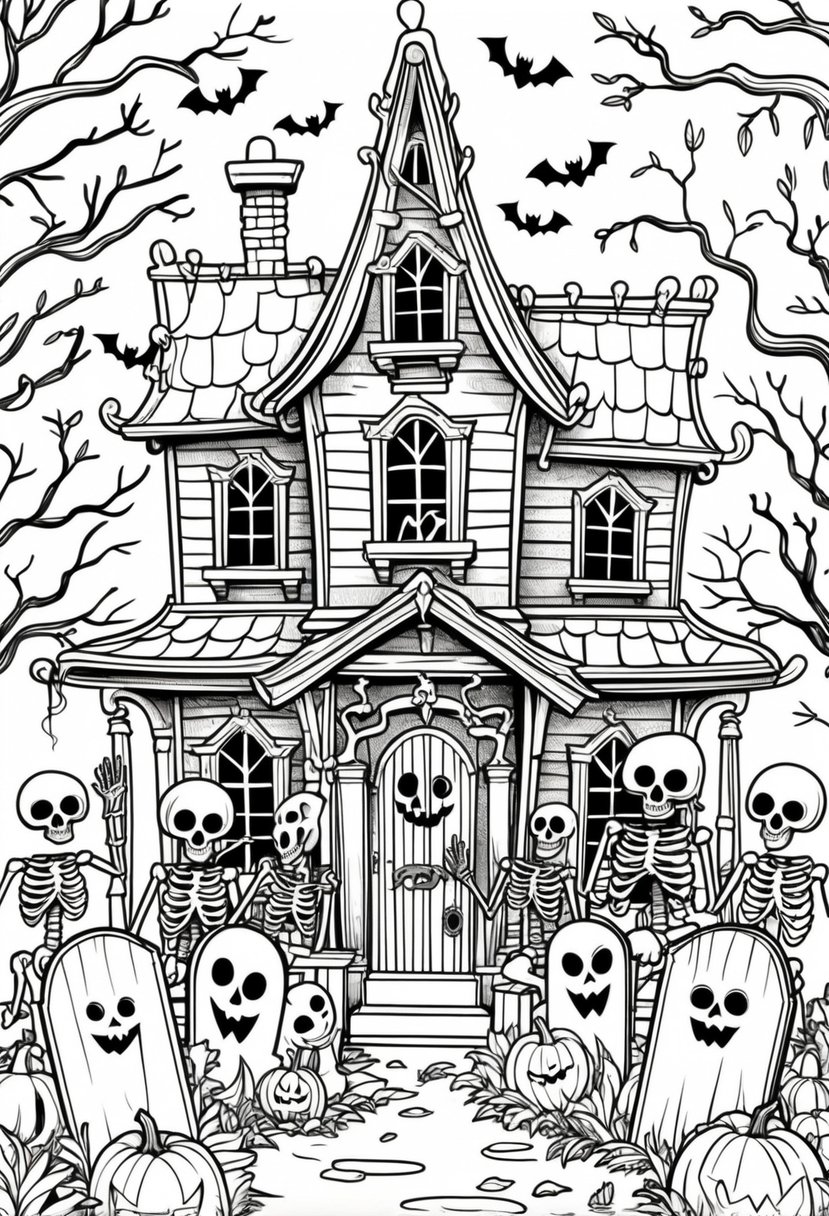 Halloween Coloring Pages for Kids Featuring 16 Cute and Friendly Characters and Scenes 24 A haunted house surrounded by friendly skeletons playing and holding pumpkins, with bats flying nearby and leafless trees around.