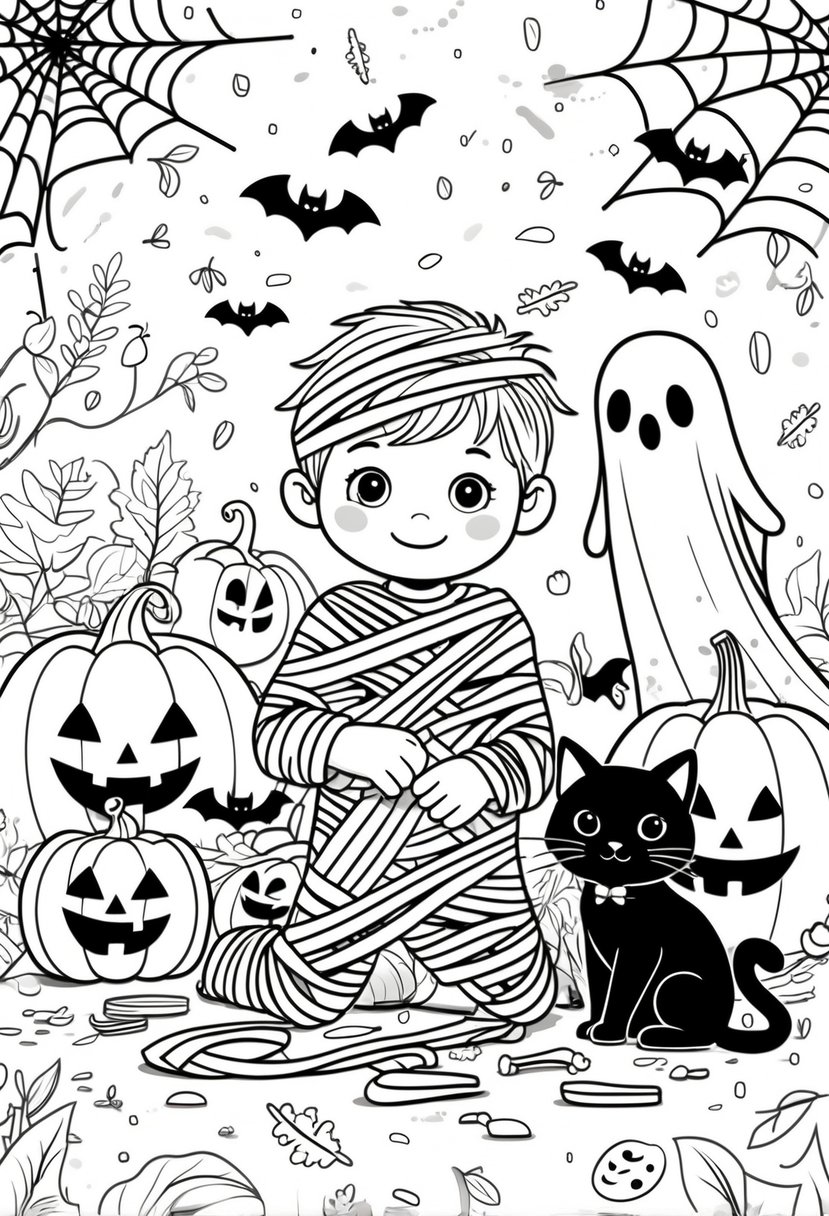 Halloween Coloring Pages for Kids Featuring 16 Cute and Friendly Characters and Scenes 26 A child wrapped in mummy bandages surrounded by pumpkins, bats, a ghost, a black cat, spider webs, candy, and autumn leaves in a Halloween scene.