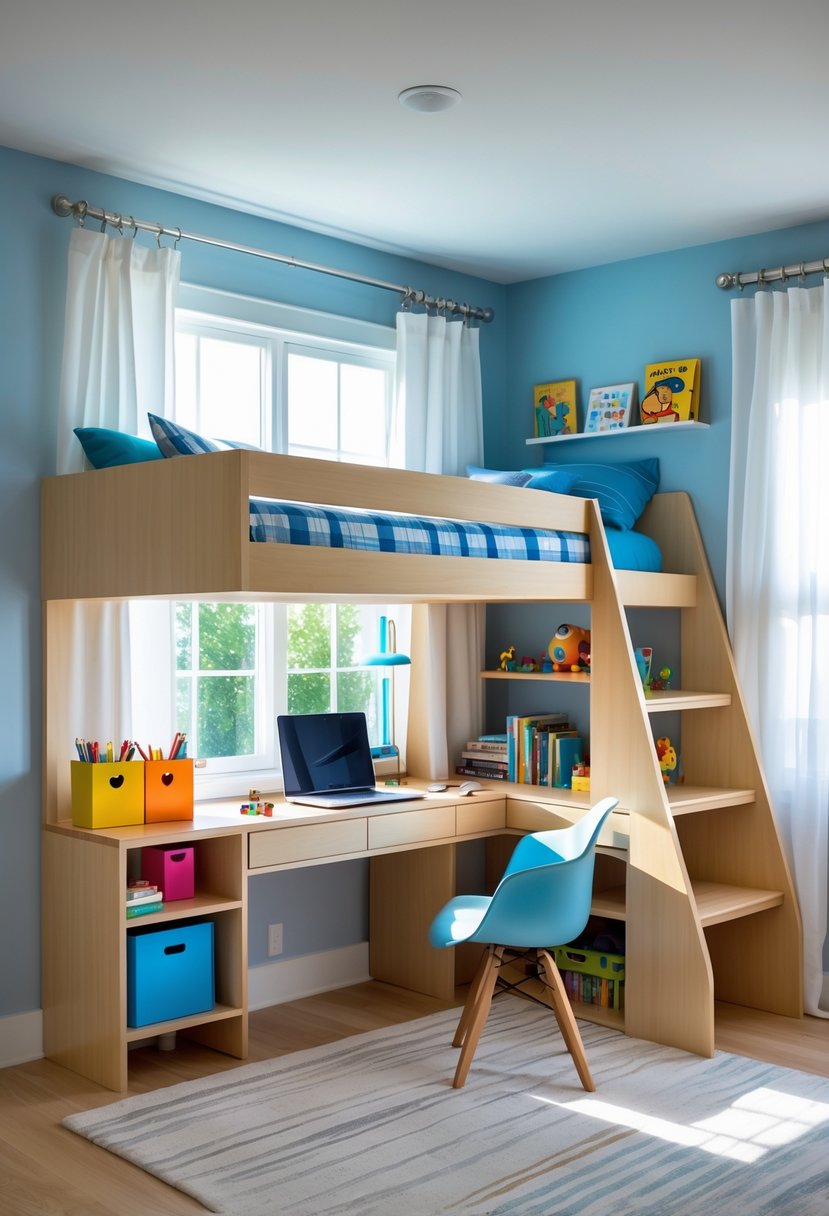 7 Cool Bedrooms for Boys Ideas: Stylish and Practical Designs to Inspire 3 A boys' bedroom with a loft bed that has a built-in desk underneath, featuring study materials and toys.