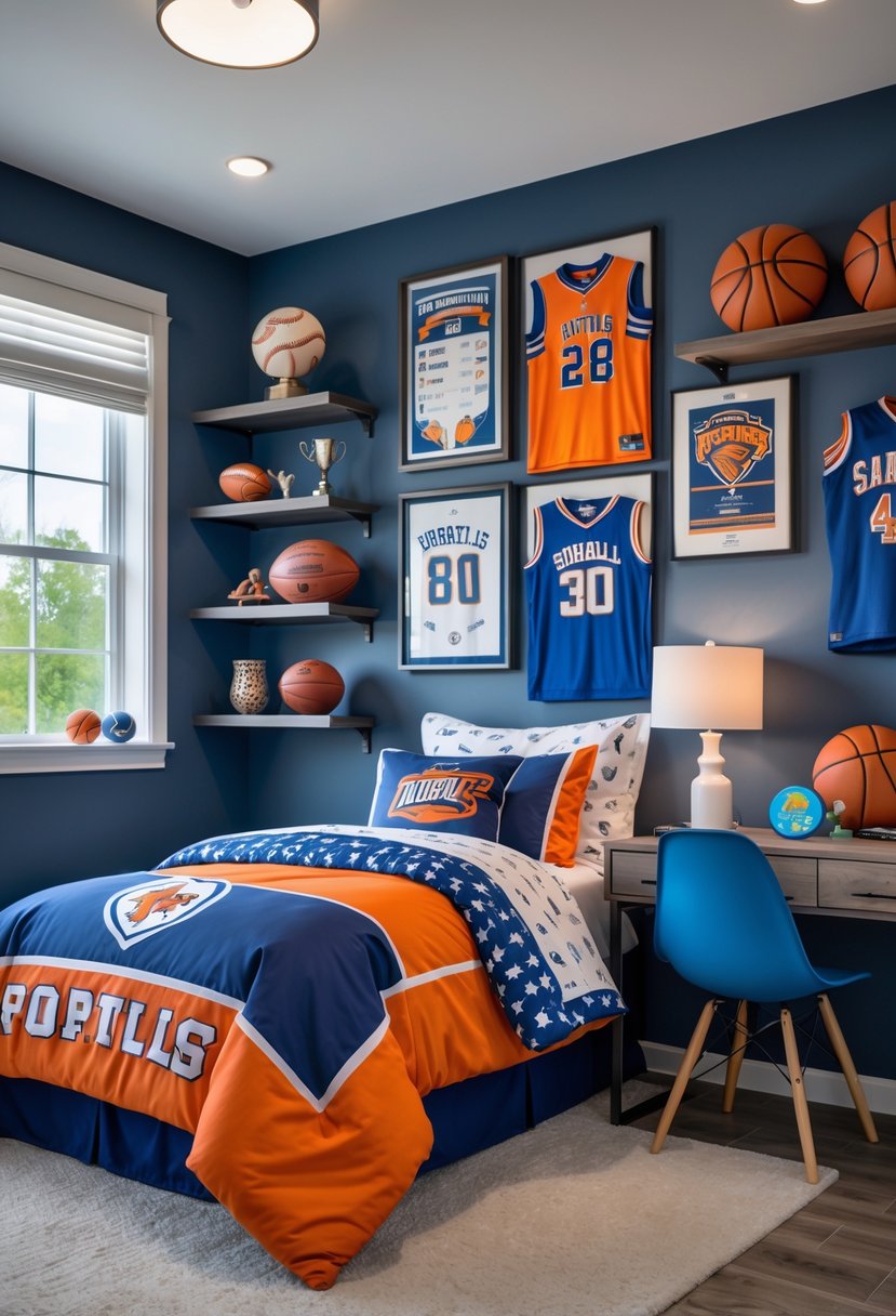 7 Cool Bedrooms for Boys Ideas: Stylish and Practical Designs to Inspire 4 A boys' bedroom decorated with sports team bedding, framed jerseys, sports equipment, and trophies.