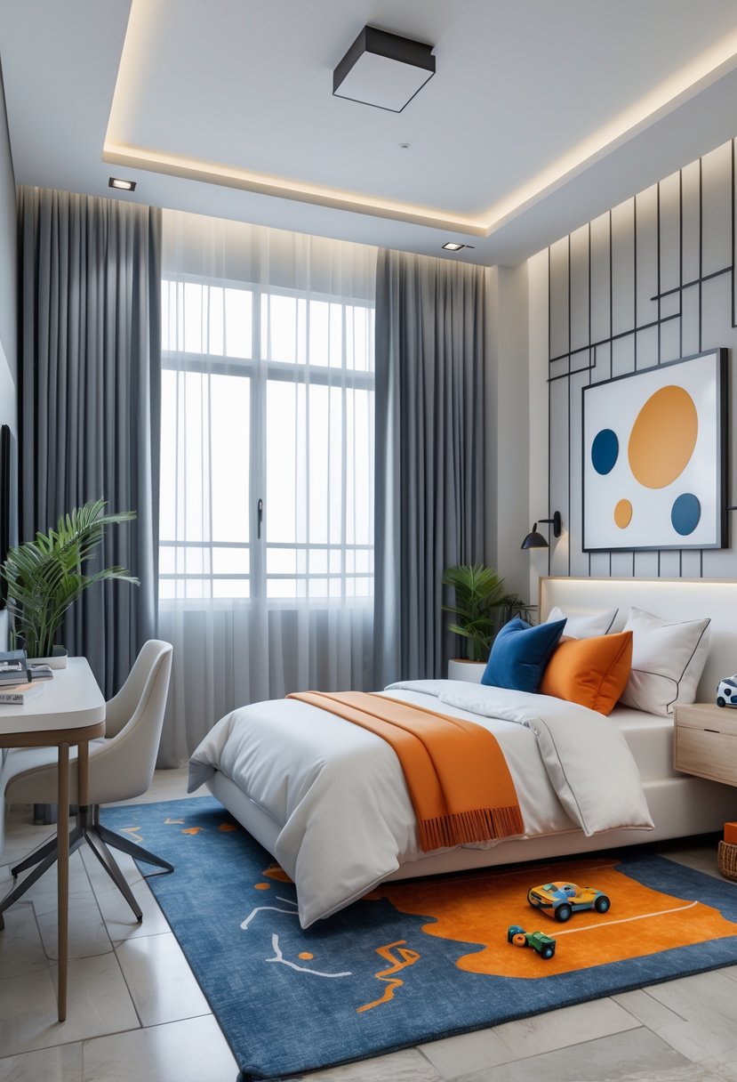 7 Cool Bedrooms for Boys Ideas: Stylish and Practical Designs to Inspire 5 A boys' bedroom with neutral walls and furniture, featuring bold blue and orange accents, a bed, desk, chair, and natural light from large windows.