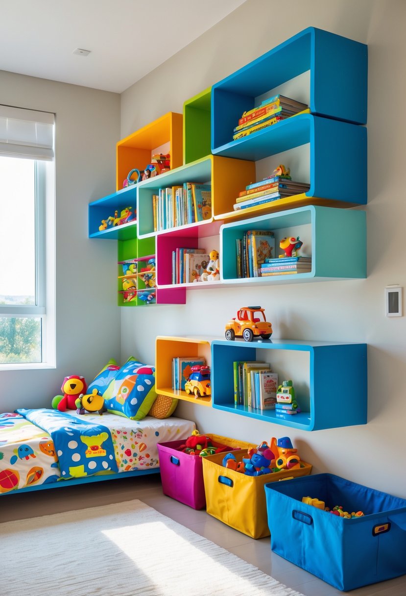 7 Cool Bedrooms for Boys Ideas: Stylish and Practical Designs to Inspire 6 A boys' bedroom with wall-mounted shelves holding toys and books, a bed with colorful bedding, and natural light coming through a window.