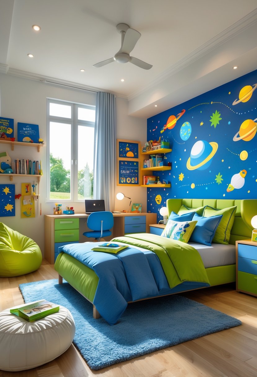 7 Cool Bedrooms for Boys Ideas: Stylish and Practical Designs to Inspire 8 A tidy boy's bedroom with a bed, desk, bookshelf, and colorful wall decorations.