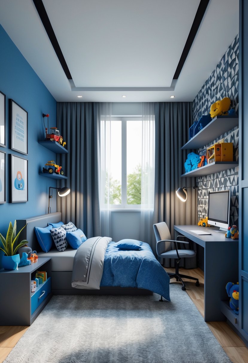 7 Cool Bedrooms for Boys Ideas: Stylish and Practical Designs to Inspire 9 A neat boys' bedroom with a bed, desk, shelves, and window letting in natural light.