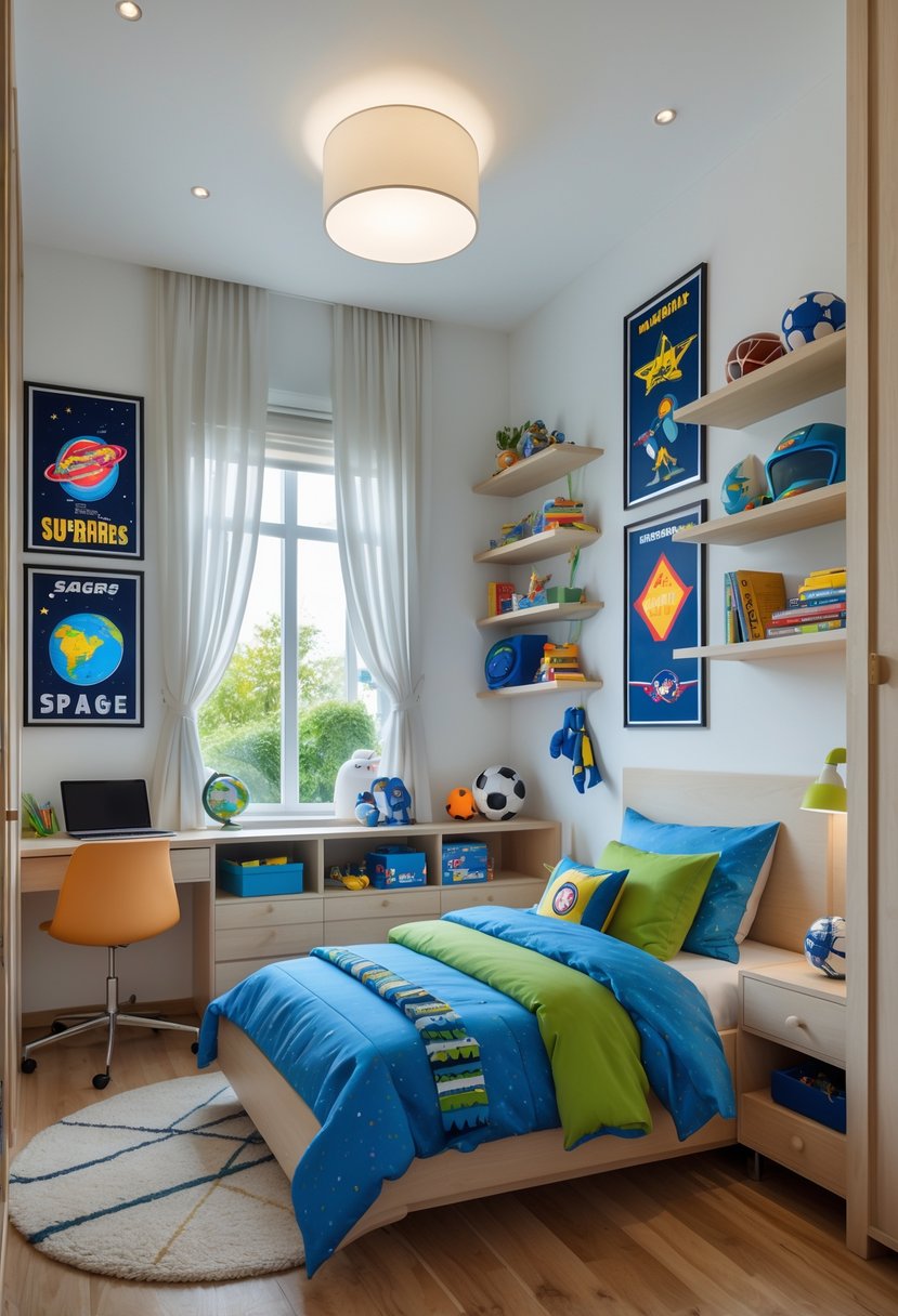 7 Cool Bedrooms for Boys Ideas: Stylish and Practical Designs to Inspire 10 A boy's bedroom with a bed, desk, shelves with toys and books, and posters on the walls.