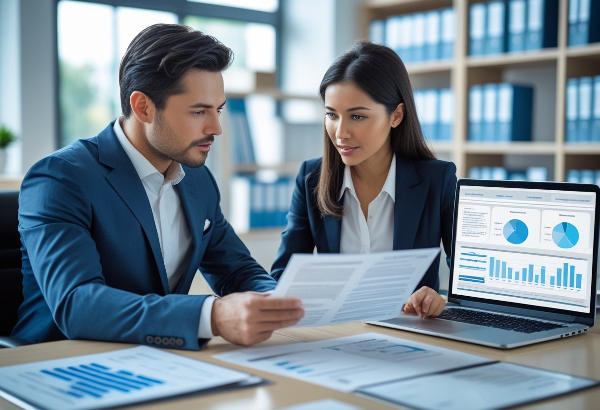 خرید مدرک تحصیلی معتبر ، اخذ مدرک معتبر ، مدرک با استعلام ، خرید مدرک تحصیلی فوری ، فروش مدرک معتبر | دو نفر در یک دفتر مدرن نشستهاند و در حال بررسی مدارک رسمی و صحبت درباره موضوعی جدی هستند.