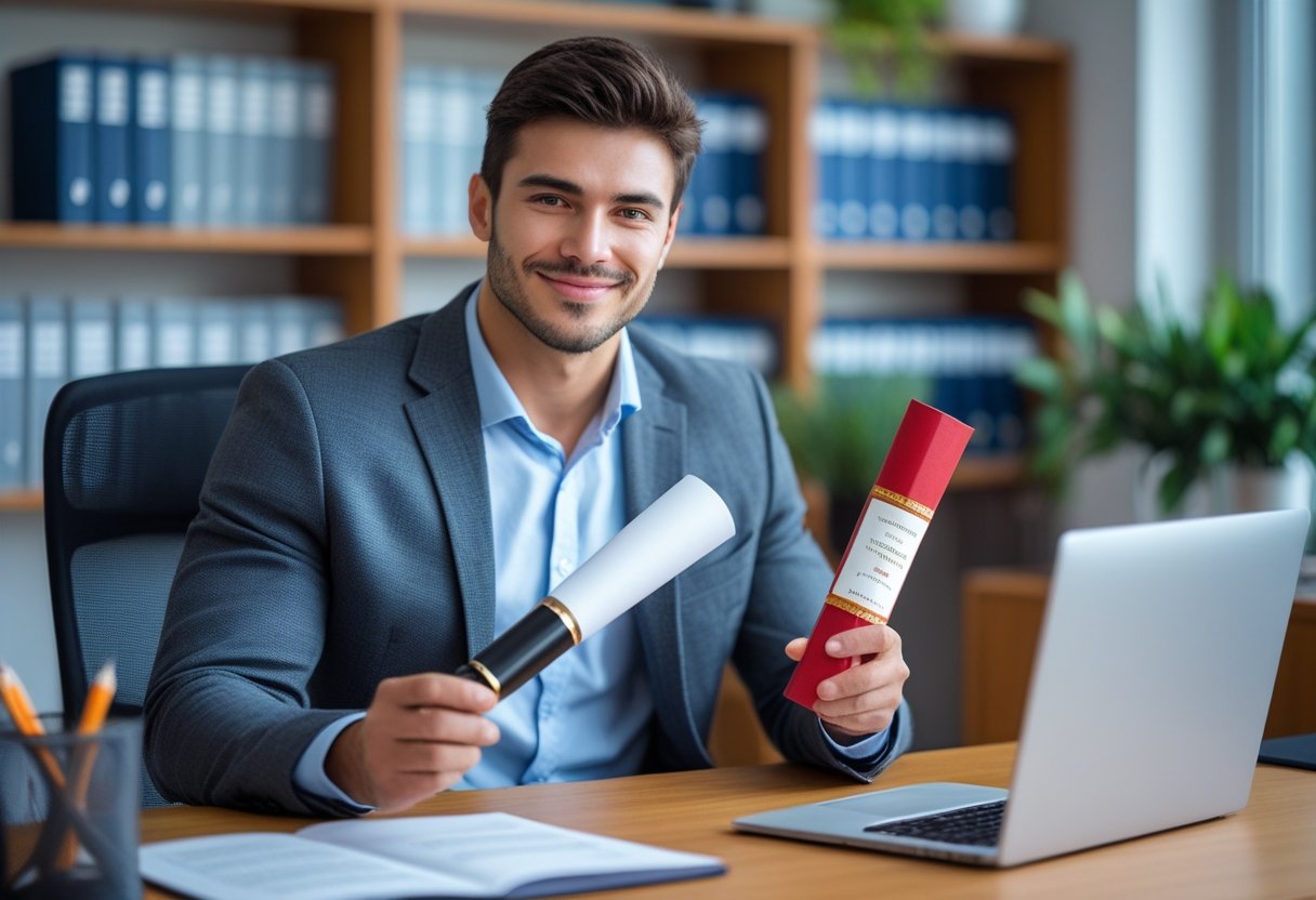 خرید مدرک تحصیلی معتبر ، اخذ مدرک معتبر ، مدرک با استعلام ، خرید مدرک تحصیلی فوری ، فروش مدرک معتبر | مرد جوانی در دفتر مدرن نشسته و در دست خود مدرک تحصیلی را گرفته است، پشت او قفسه کتابهای دانشگاهی دیده میشود.