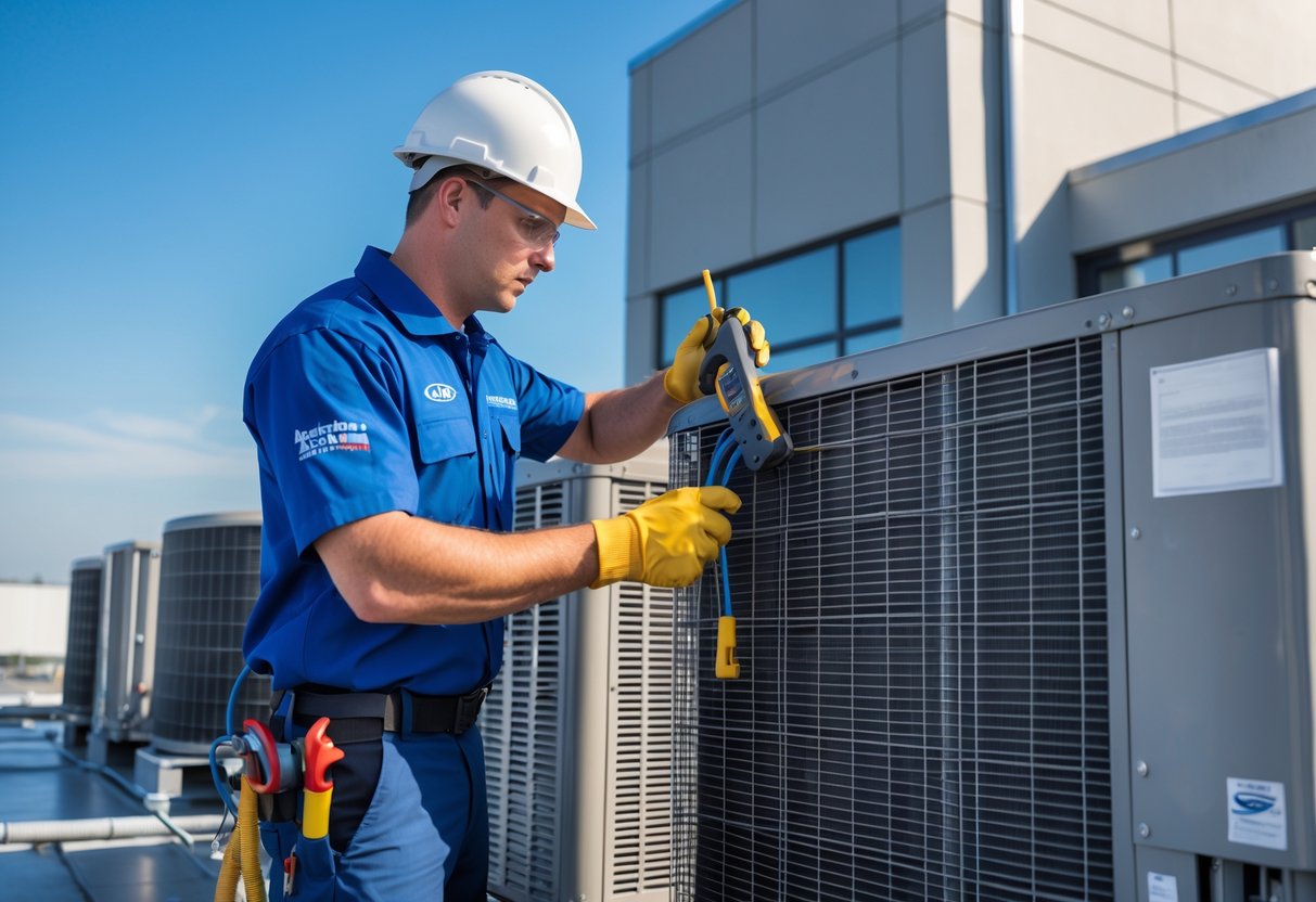 A technician performing maintenance on a commercial air conditioning unit on a rooftop.
