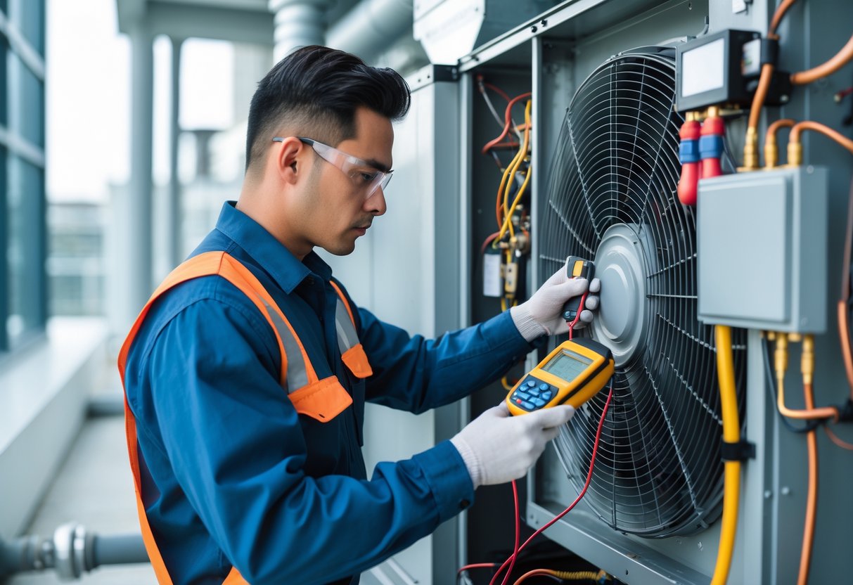 HVAC technician inspecting a commercial air conditioning unit with diagnostic tools in a mechanical room.