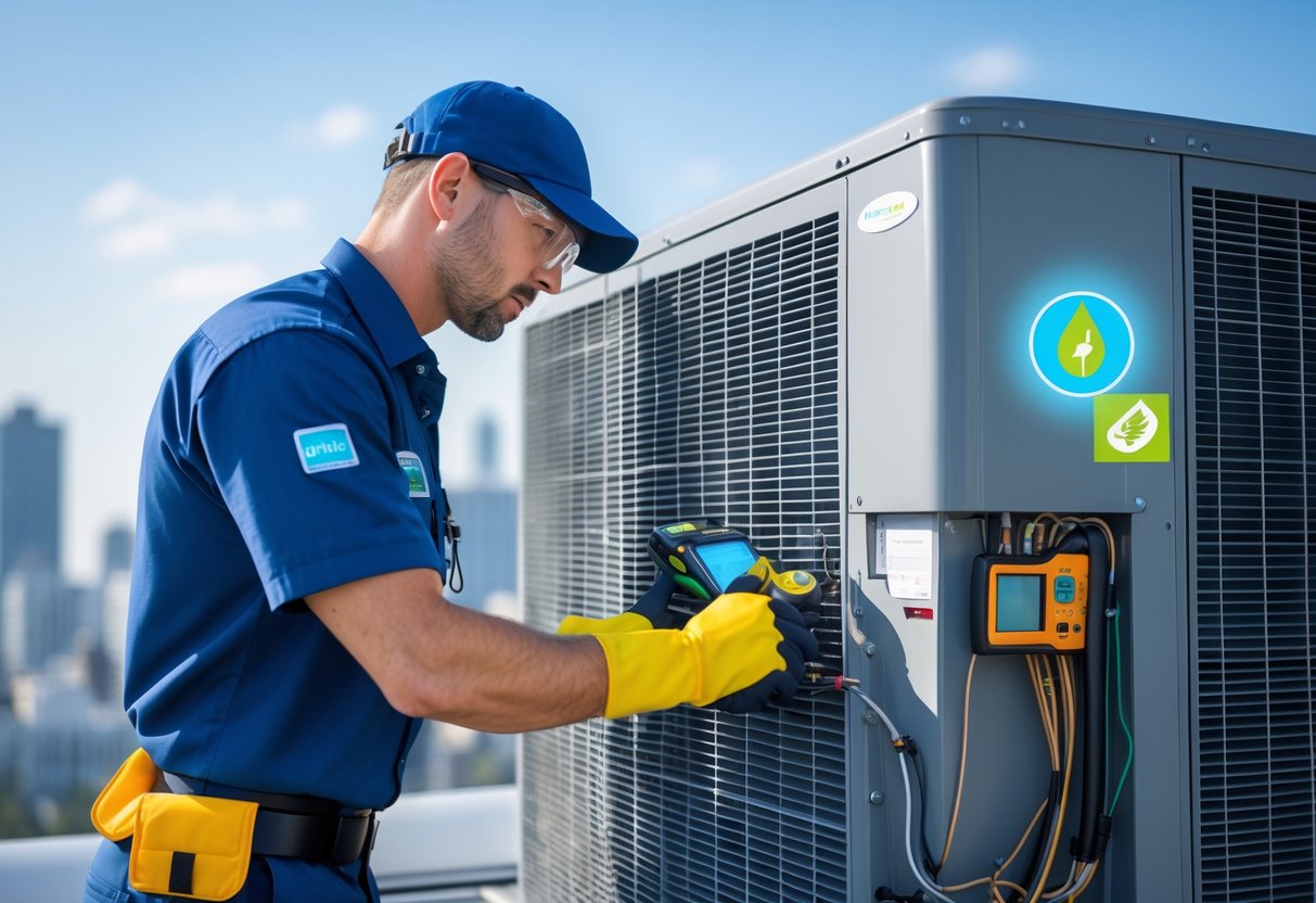 A technician inspecting a commercial rooftop air conditioning unit with diagnostic tools on a clear day in a city setting.