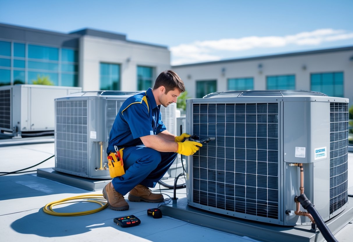 A technician inspecting and repairing a commercial air conditioning unit on a rooftop of a modern building.